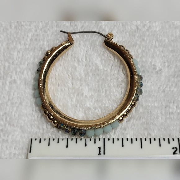 Blue, Teal and Gold Beaded Hoop Earrings / Pierced - Picture 4 of 5
